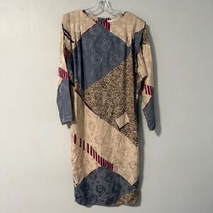 Argenti‎ 100% Silk Patchwork Color Block Rose Print Midi Dress Women's 6 Vintage